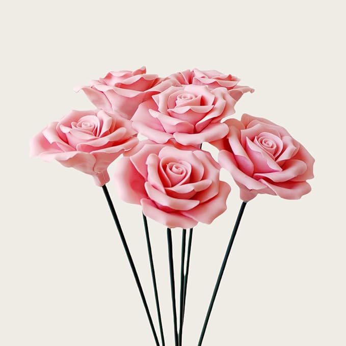 6 pcs Handmade Ceramic Roses,Featuring Vibrant Colors and Intricate Petal Details Floral Decorations Wedding Decoration Christmas Decor Gift Providing Long-Lasting Beauty (Pink)