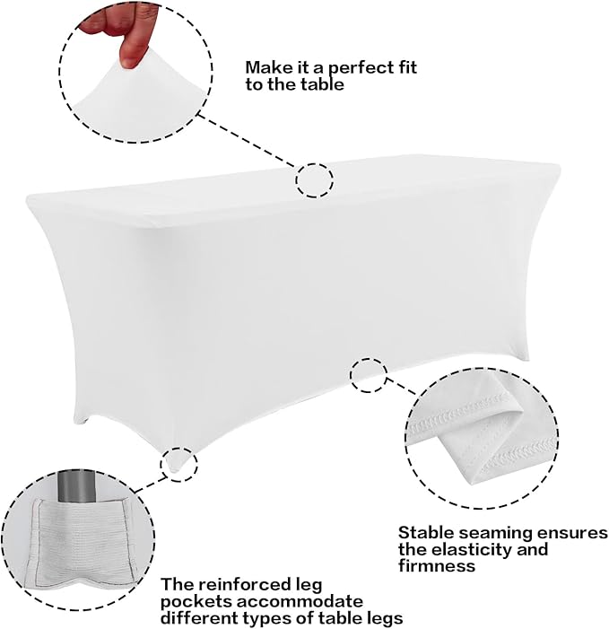 IVAPUPU 8FT Table Cloth for Rectangular Fitted Events Stretch White Table Covers Washable Spandex Spring Tablecloth Protector for Party, Wedding, Cocktail, Banquet, Festival