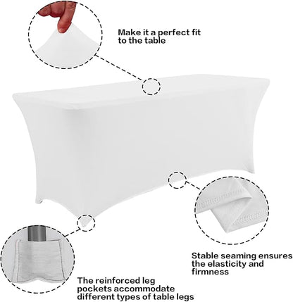 IVAPUPU 8FT Table Cloth for Rectangular Fitted Events Stretch White Table Covers Washable Spandex Spring Tablecloth Protector for Party, Wedding, Cocktail, Banquet, Festival