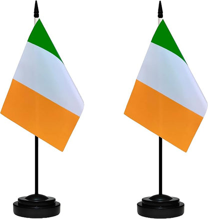 Ireland Irish Deluxe Desk Flag Set Small Mini Miniature Ireland Irish Table Desktop Flags With Solid Pole, Black Base and Spear Top(2 Pack)