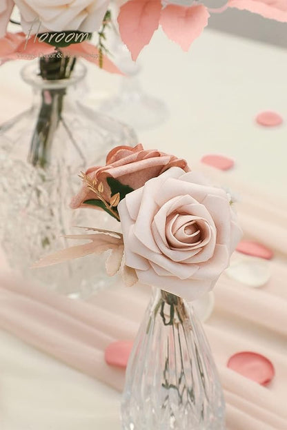 Floroom Artificial Flowers 25pcs Real Looking Warm Taupe & Nude Foam Fake Roses with Stems for DIY Wedding Bouquets Bridal Shower Centerpieces Floral Arrangements Party Tables Home Decorations