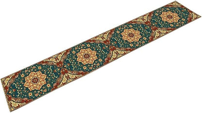 Boho Rich Table Runner, Vintage Blue Teal Gold Retro Flower Rustic Country Style Floral Print Pattern for Home Kitchen Table Decor Dining Coffee Room Garden Party Decor 13x36in