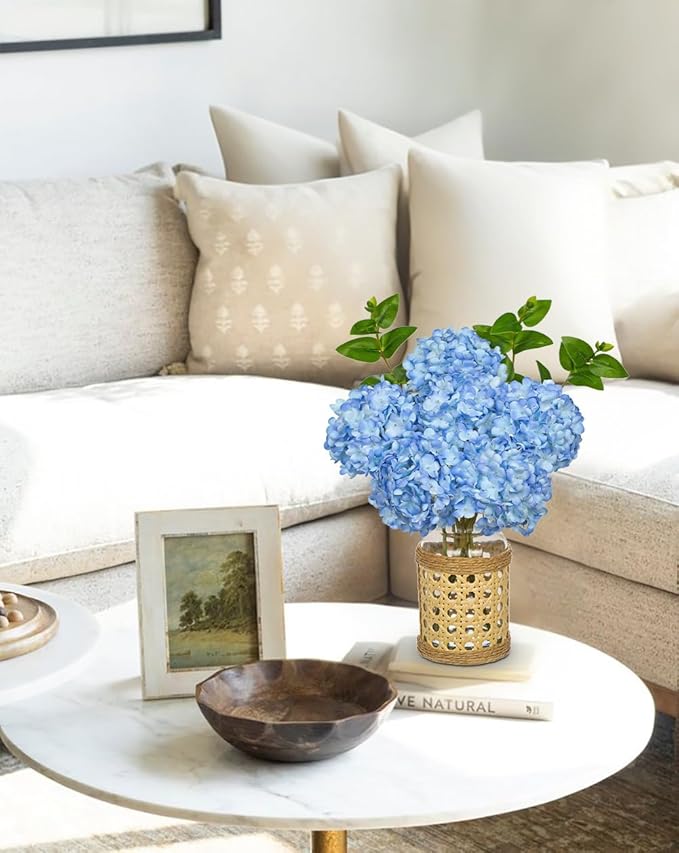 Hollyone Blue Hydrangea Artificial Flowers in Woven Glass Vase with Faux Water Silk Hydrangeas Fake Flowers Floral Arrangement for Home Indoor Bathroom Kitchen Office Table Centerpiece Shelf Decor