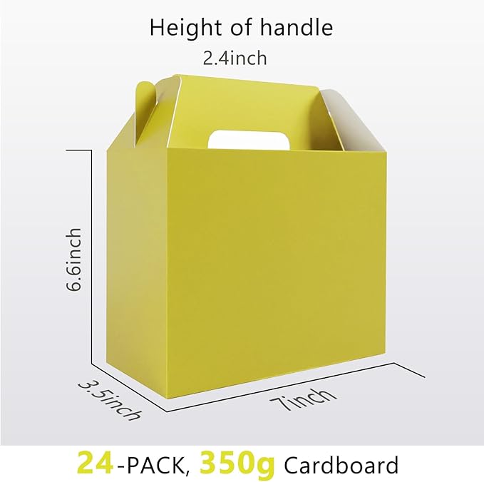 XAGLVV 24Pack Yellow Party Favor Treat Box Packs, 7 * 3.5 * 6.6 Inch Goodie Box with Handles, Goodie Boxes, Candy Box,Gable Gift Boxes for Party, Baby Shower, Birthday