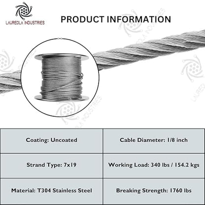 Laureola 1/8" 7x19 Stainless Steel Aircraft Wire Rope 304 Grade (150ft)
