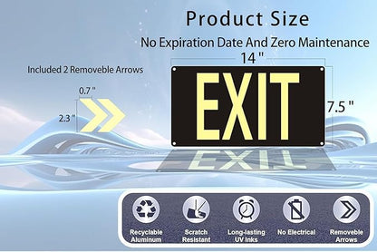 Photoluminescent Exit Sign Black, 14.25"x 7.5" Glow In The Dark Exit Signs Aluminum with 8pcs Removable Directional Arrows and Strong Adhesive Backing,Easy to install, 4Pack