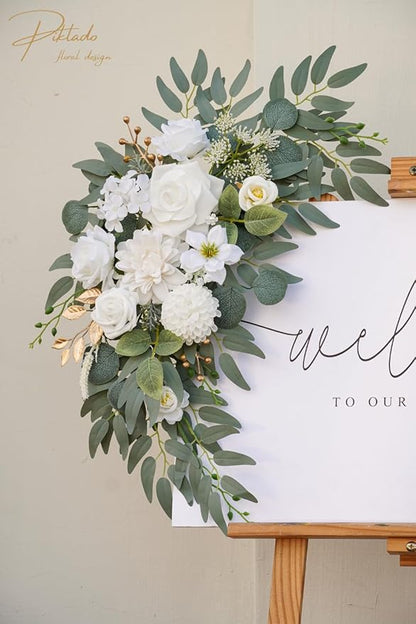 Faux Flower Swag Set of 2 for Wedding Welcome Signs Floral Swag Wedding Reception Ceremony Signs Decor (A-White)