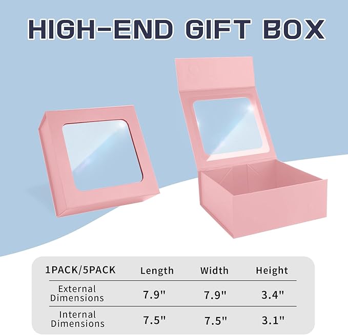 Pink Gift Boxes with Window,7.5"x7.5"x3.1" Bridesmaid Boxe for Gift Giving,Birthday Gift Box with Magnetic,Closure Lid Gift Boxes for Presents,Cute Boxe,Luxury for Gift Packaging,Gift Box for Wrapping Gifts