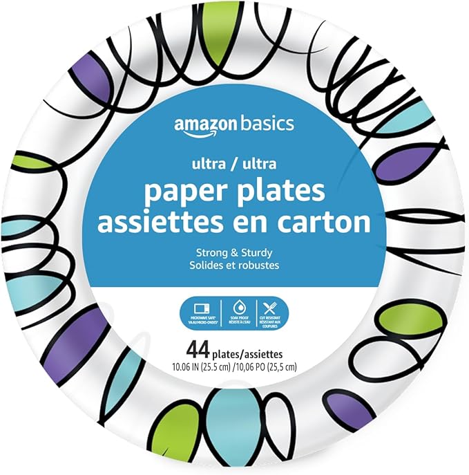 Amazon Basics Ultra Paper Plates, 10 Inch, Disposable, 44 Count
