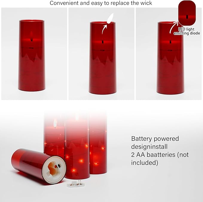 Flameless LED Candles with Timer 9 Pc Flickering Flameless Candles for Romantic Ambiance and Home Decoration Stable Acrylic Shell,with Embedded Star String，Battery Operated Candles（Red）