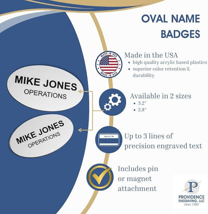 Custom Engraved Name Tag Badges – Personalized Identification with Pin or Magnetic Backing, 3.2 Inch Oval, Black/White
