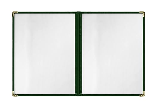 Goodsmart Restaurant Menu Covers - 25 Pack Green2-Page/4-View 8.5" x 11", Side-Loading Vinyl Menu Holders, Clear Sleeves, Double-Stitched Edge, Leather-Style Café Menu Covers with Gold Corners