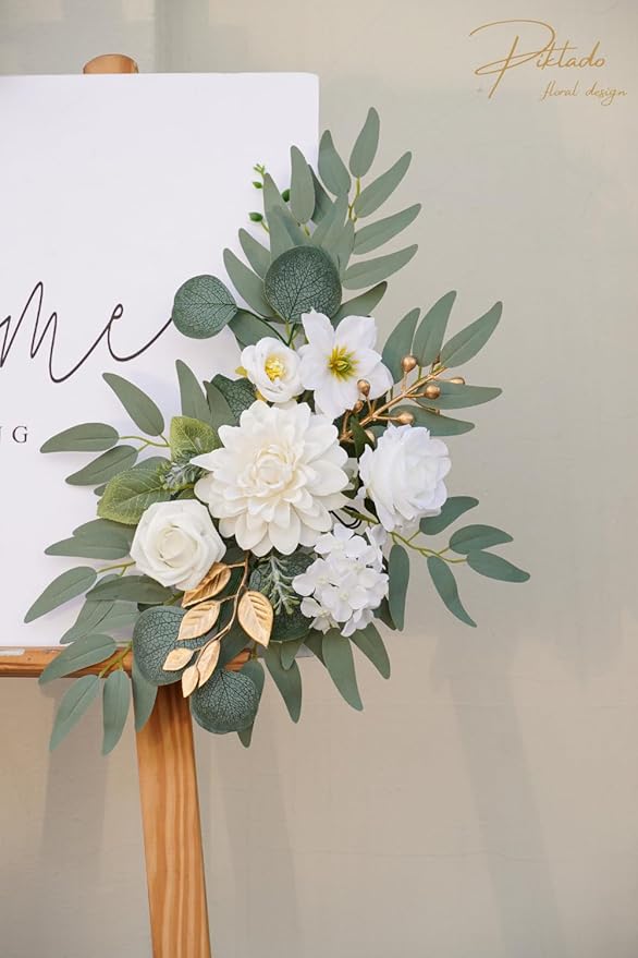 Faux Flower Swag Set of 2 for Wedding Welcome Signs Floral Swag Wedding Reception Ceremony Signs Decor (A-White)