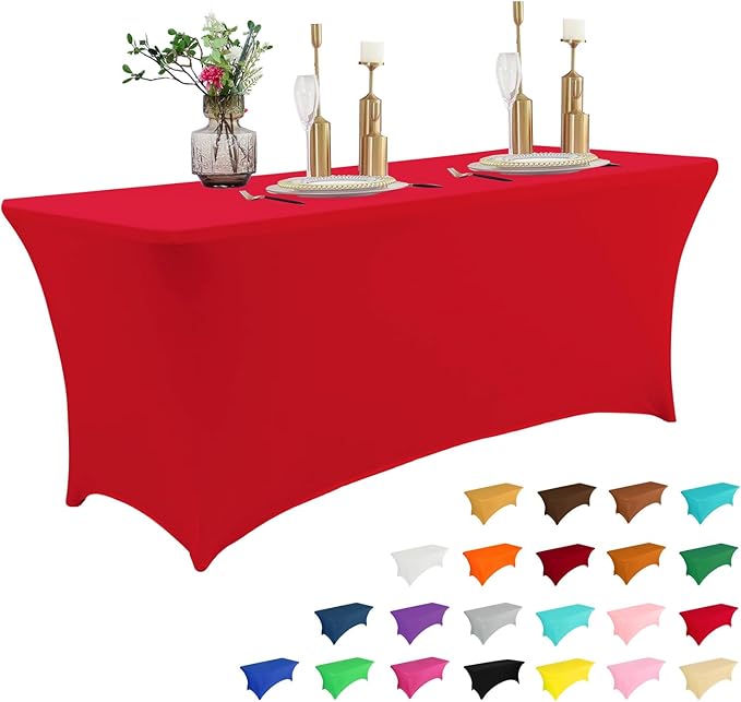 IVAPUPU 4FT Table Cloth for Rectangular Fitted Events Stretch Red Table Covers Washable Cover Spandex Tablecloth Protector for Party, Wedding, Cocktail, Banquet, Festival