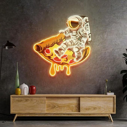 Astronaut on Pizza Neon Sign: Custom Business Logo LED Wall Art Size:20inch