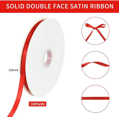 TONIFUL 3/8 Inch x 100yds Red Satin Ribbon Thin Solid Fabric Ribbons Roll for Gift Wrapping Invitation Floral Hair Balloons Craft Sewing Party Wedding Popsicles Decoration Valentine's Day Bouquet