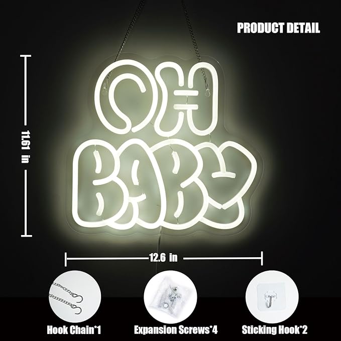 Oh Baby Neon Sign for Backdrop Wall Decor, Cute Decorative Lights, oh baby Neon Lights for Baby Shower Birthday Party Bedroom gender reveal parties Baby's Room Cool White size:12.6 * 11.61In