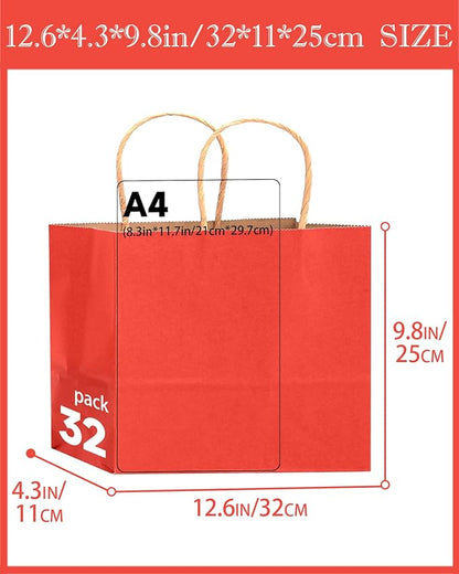 qiqee 100PCS Large Gift Bag with Handles Bulk 13"x4.5"x10" Gift Bags Kraft Red Multiple Uses (32x11x25cm,Wide Large)
