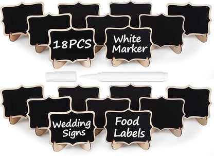 Herda 18 PCS Mini Chalkboard Signs with Easel Stand, Wooden Blackboard Labels for Wedding Celebration, Name/Place Cards, Food Labels for Party Buffet, Reusable Signs/Message Boards/Table Numbers etc.
