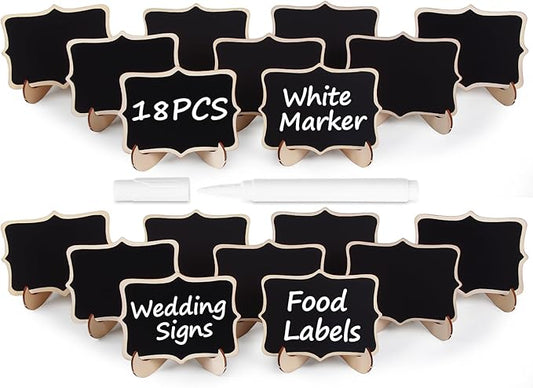 Herda 18 PCS Mini Chalkboard Signs with Easel Stand, Wooden Blackboard Labels for Wedding Celebration, Name/Place Cards, Food Labels for Party Buffet, Reusable Signs/Message Boards/Table Numbers etc.