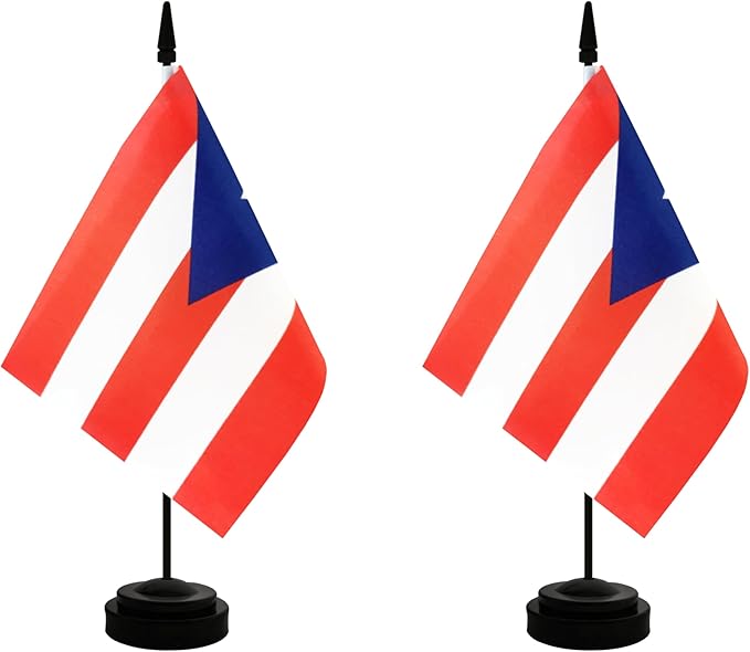 2 Pack Puerto Rico Desk Flag, International Country Flag with Solid Pole and Stand Base, Festival Celebration, Classroom Meeting Desktop Decoration