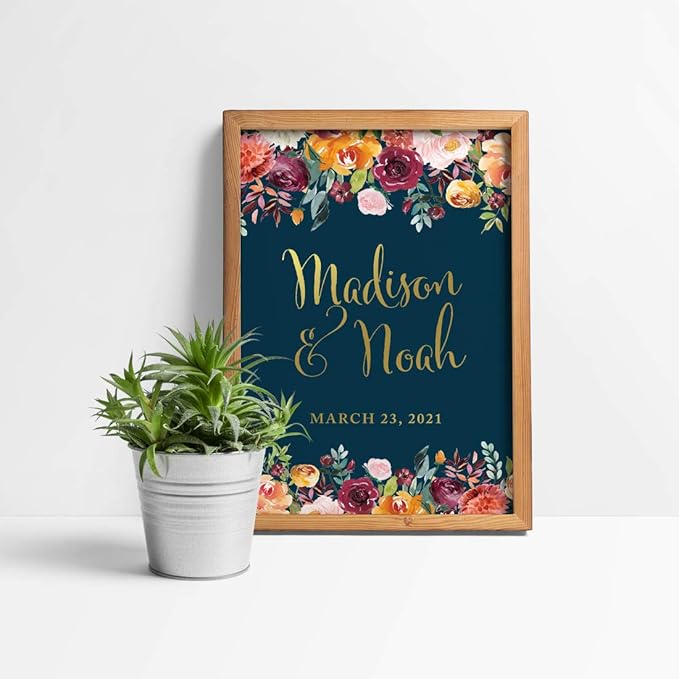 Andaz Press Personalized Extra Large Wedding Easel Board Party Sign, 12x18-inch, Fall Autumn Orange Burgundy Coral Roses on Navy Blue, Bride Groom Names and Date, 1-Pack, Custom