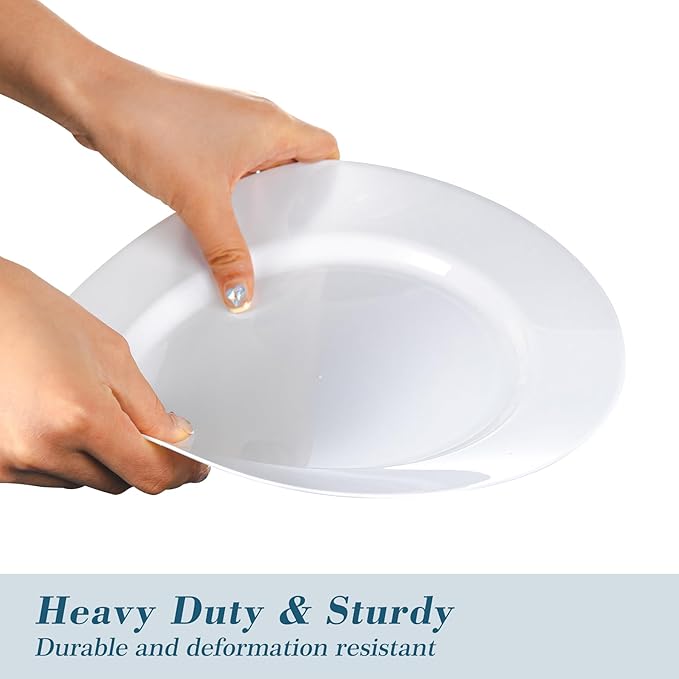 N9R 100PCS White Plastic Plates, 10.25inch Heavy Duty Plastic Disposable Plates, Premium Elegant Dinner Plates for Party