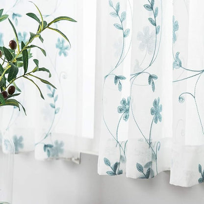 Blue Sheer Curtains 84 Inches Long, Floral Embroidered Rod Pocket Sheer Drapes for Living Room, Bedroom, 2 Panels, 52"x84", Semi Crinkle Voile Window Treatments for Yard, Patio, Villa, Parlor .