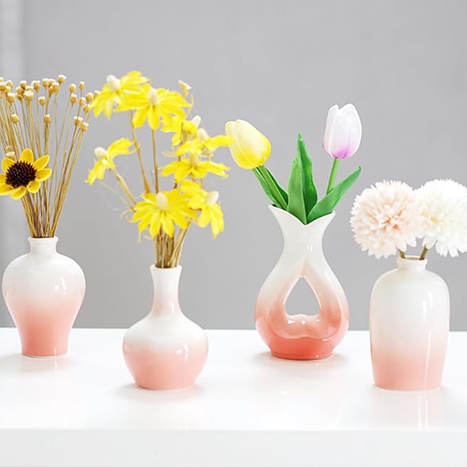 Small Ceramic Vases Decorative 4pcs Pink-White Modern Farmhouse Vase Pottery for Bouquet Pampas Grass Dried Fresh Flowers Kitchen, Bedroom, Bathroom, Entryway, Centerpieces Home Decor Jarrones para