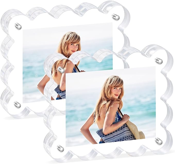 2Pack Magnetic Acrylic Picture Frames 2×3 Inch - Scalloped Glass Frame with 10+10mm Thick Block, Double Sided Clear Frames for Desktop Display | Trendy Home Gift (2 Pack, 2×3)