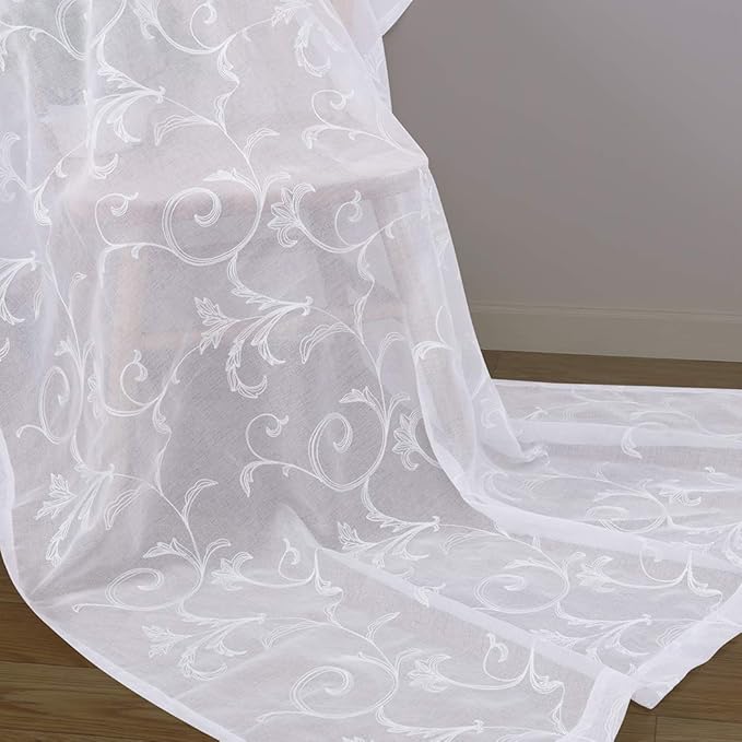 Sheer Curtains White 95 Inches Vintage Embroidered Floral, Window Treatments Rod Pocket Drapes for Living room, Bedroom, Semi Crinkle Voile Curtain Panels for Yard, Villa, Parlor, Set of 2, 52"x95".