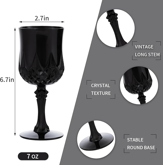 JLYLOL Plastic Vintage Wine Glasses 7OZ Plastic Goblets Vintage Drinking Glasses 48PCS Retro Wedding Glassware Water Goblets Reusable Drinking Cups for Party,Reception,Celebration,Bar,Whiskey(Black)