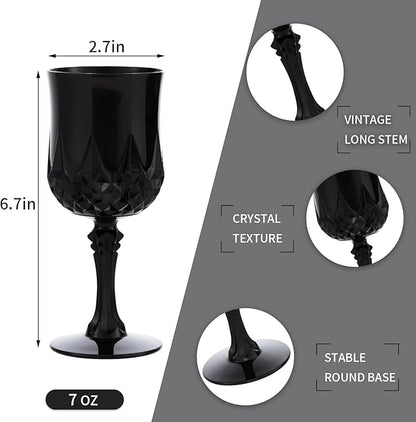 JLYLOL Plastic Vintage Wine Glasses 7OZ Plastic Goblets Vintage Drinking Glasses 48PCS Retro Wedding Glassware Water Goblets Reusable Drinking Cups for Party,Reception,Celebration,Bar,Whiskey(Black)