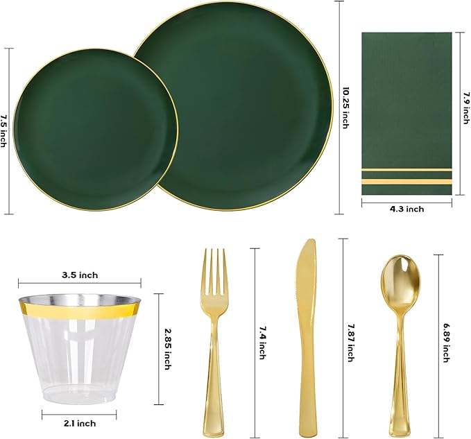 NOCCUR 350PCS Green Plastic Plates - Disposable Green Gold Dinnerware Set for 50 Guests, 100 Dinner/Dessert Plates, 150 Gold Silverware, 50 Cups&50 Napkins for Party/Wedding/Birthday/Christmas