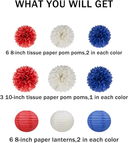 Red White Blue Party Decorations - 15Pcs Tissue Paper Flowers Pom Poms Paper Lanterns Birthday National Day American theme Hanging Decor