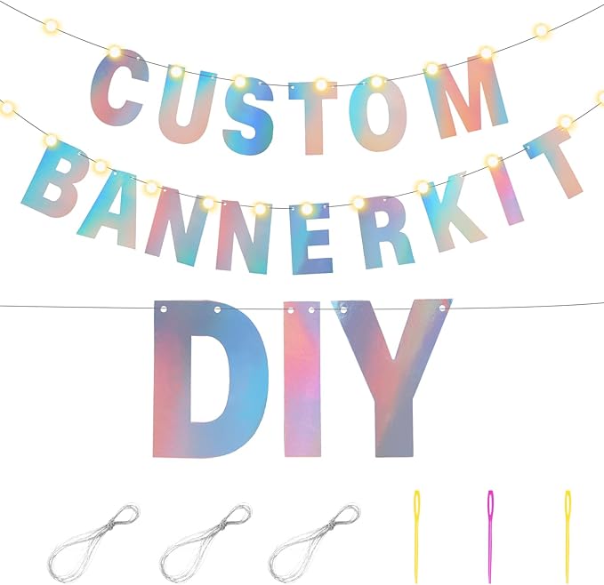 TaoBary 112 Pcs DIY Letter Kit Glitter Customizable Banner Letters Include 107 Letters and Numbers 3 Rope and 2 Needles for Birthday Halloween Christmas Wedding Valentine Party Decor(Holographic)