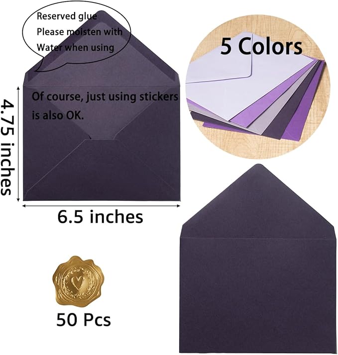 50 Pack Colored A6 Invitation Envelopes 4x6 with Gold Stickers for Cards and Invitations, 5 Colors (Purple, 6 1/2 x 4 3/4 inches)