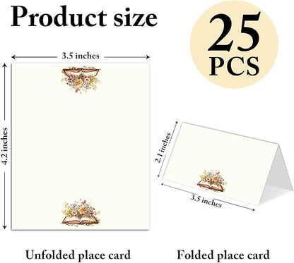 25 Pack Floral Book Theme Place Cards, Editable Name Cards for Table Setting, Tent Cards Food Label for Dinner Party, Bridal Shower, Wedding, Baby Shower and Events -T04