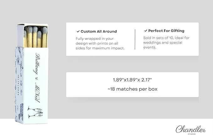 Custom Matchboxes - Set of 10 - Personalized - 2" Inch Long - Colorful Matchsticks - Weddings – Wedding Favor - Matchboxes, Custom Matchbox (2" Matchsticks, Wedding Design #6)
