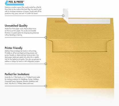 LUXPaper A7 Invitation Envelopes | Peel & Press | 5 1/4" x 7 1/4" | Gold Metallic | 80lb. Text | 500 Qty