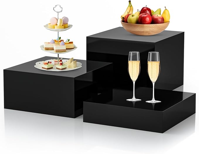 3Pcs Black Buffet Risers Acrylic Boxes Display Food Risers for Buffet Table Platter Parties Weddings Catering Dessert Collectibles Figures Show ( 6''x7''x8'')