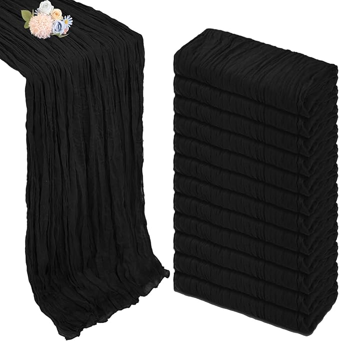 12 Pack Halloween Table Runner Black Cheesecloth 10ft Boho Gauze Fabric Cheese Cloth Table Runner 35 x 120 Inch Rustic Sheer Runner for Wedding Decor Baby Shower Party Table Centerpiece Decoration