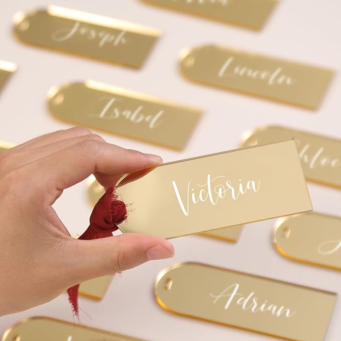 UNIQOOO 20 Pcs Mirror Gold Acrylic Place Cards, 3.9x1.6 inches DIY Blank Hanging Tags, Perfect for Wedding Table Decor, Birthday, Centerpiece, Decoration, Party, Anniversary, Event