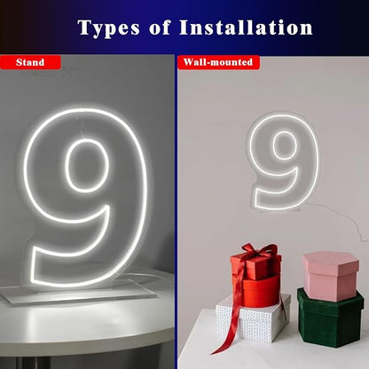 Number 9 Neon Sign for First Birthday, 16.54" Cool White USB Battery Powered Led Neon Sign for Party Wedding Anniversary Decor Light Sign (Number 9)