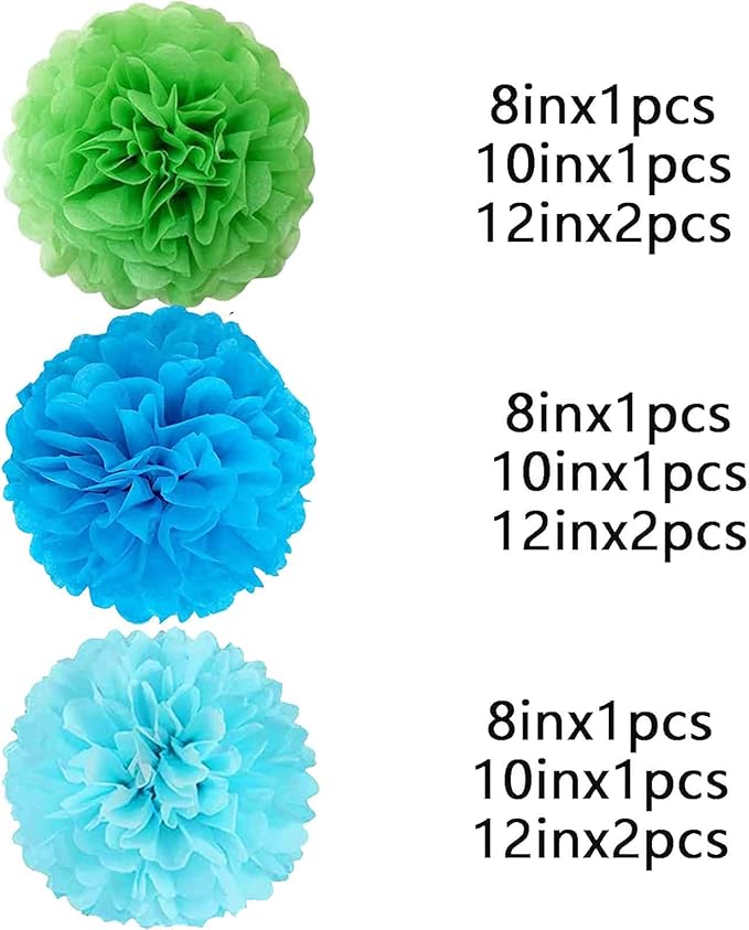We Moment Green Blue Light Blue Paper Pom Poms Paper Flowers Decorations for Green Blue Birthday Party Decoration Ceiling Wall Hanging Tissue Flowers Decorations 12pcs 3 Colors