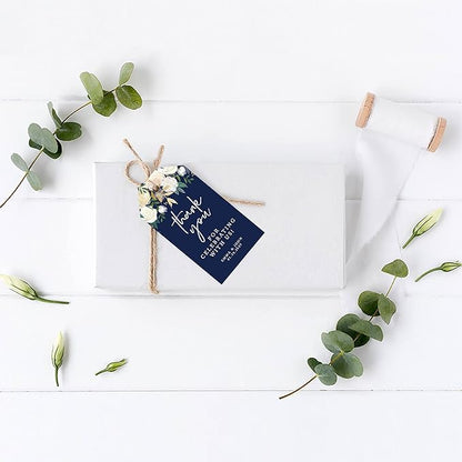 Andaz Press 100-Pack Personalized Thank You for Celebrating with Us Wedding Favor Tags with Bakers Twine Navy Blue with Florals Custom Cardstock Wedding Gift Tags for Party Favors 2 x 3.75-Inches