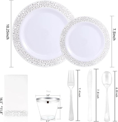 WELLIFE 350pcs Silver Party Dinnerware Set for 50 Guests, Silver Wedding Plates Disposable Heavy Duty, Including :50 Dinner Plates, 50 Dessert Plates, 50 Cups, 50 Napkins, 50 Sliver Silverware Set