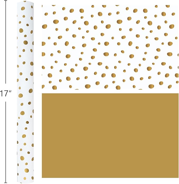 Burymento Golden Lrregular Wave Point Wrapping Paper, Reversible Gold Gift Wrap for Birthday, Valentines, Mothers day, Graduation, Wedding, Fathers day, Baby Shower, Christmas (17in x 16.4ft)