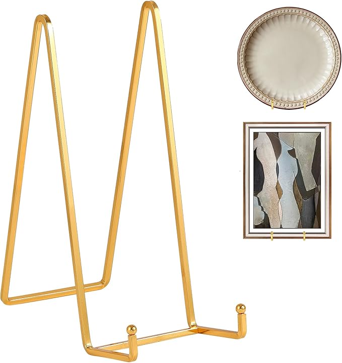 Large Plate Holder Display Stand - 10 inch Tall Plate Stands for Display - Metal Picture Frame Stand - Big Tabletop Easel Stand for Decorative Plates | Platter | Book | Plaque | Tile - 2 Pack - Gold