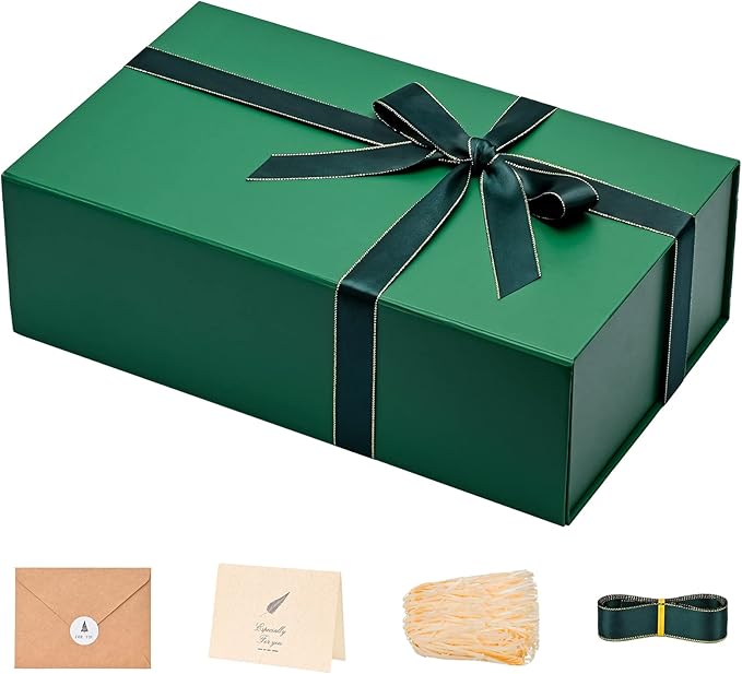 LIFELUM Green Gift Box for Presents 1 Pack 13.85 x 8.35 x 4.45 inch Big Decorative Gift Box for Clothes with Magnetic Lids Luxury Accessories Card, Ribbon, Filler,Sticker Christmas